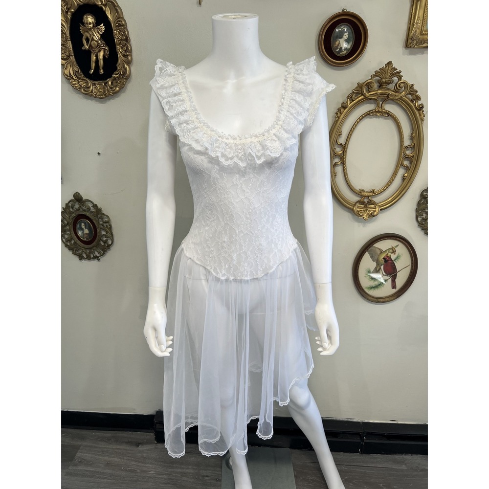 Vintage White Lace Ruffle Tulle Lingerie Bridal Dress Crisscross Back Size S